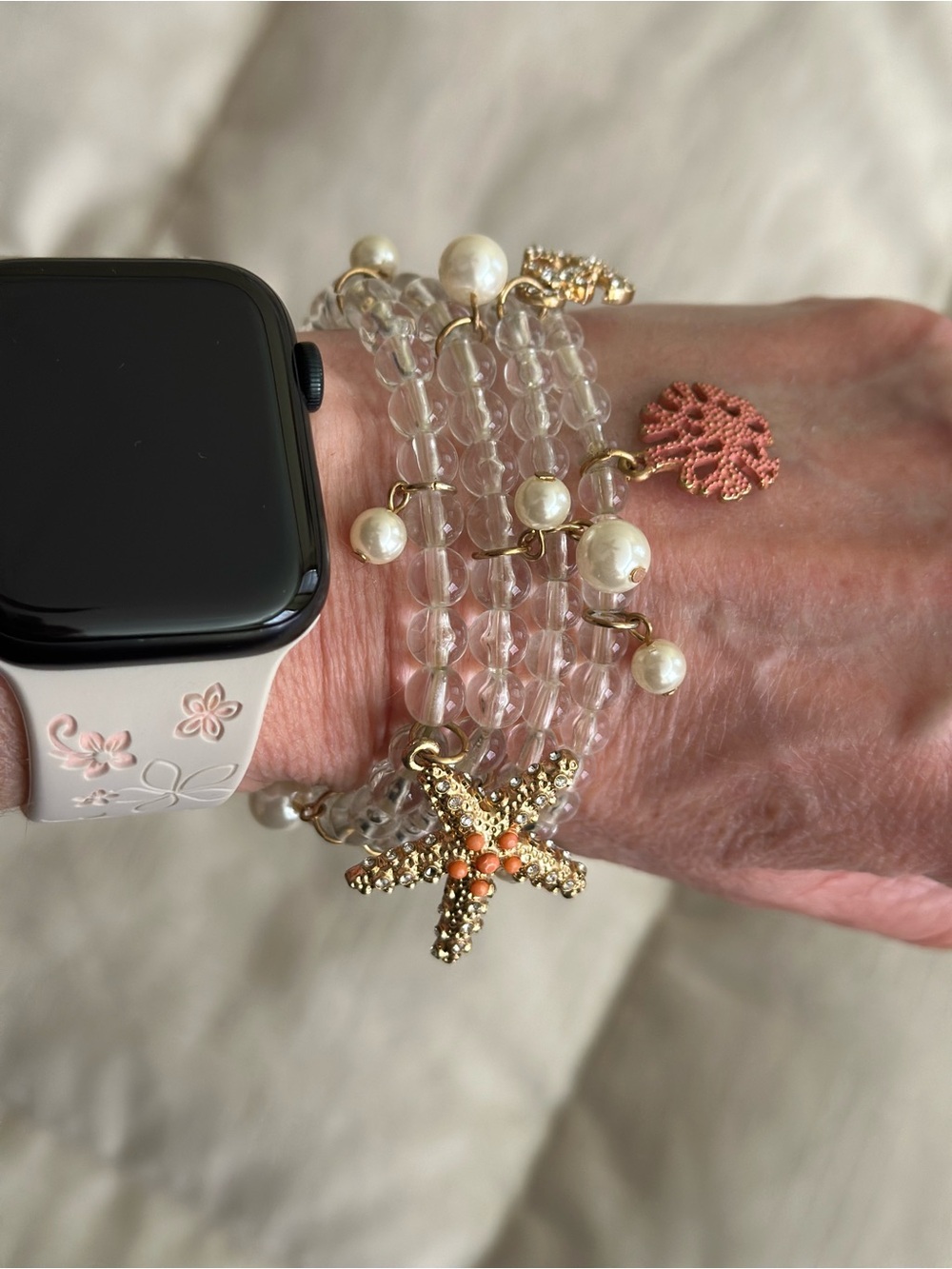Clear Beaded Bracelet Stack with Pearl and Starfish Charms